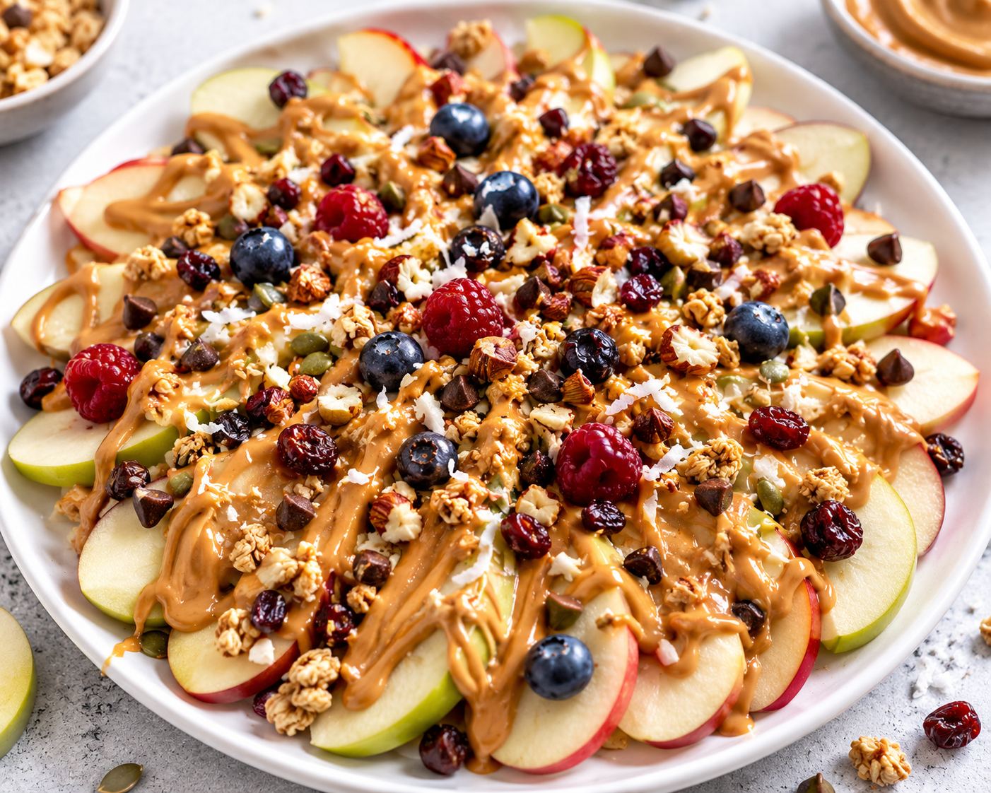 Apple slices drizzled with peanut butter and topped with berries, nuts, granola, and other toppings