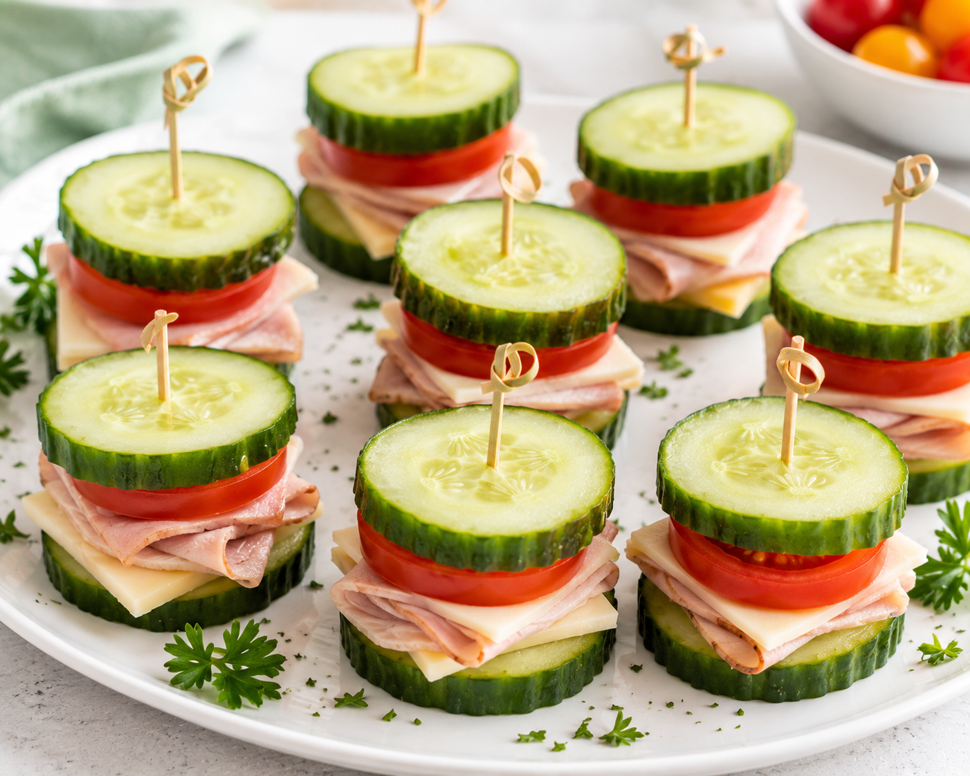 Mini cucumber sandwiches layered with cheese, deli meat, and tomato
