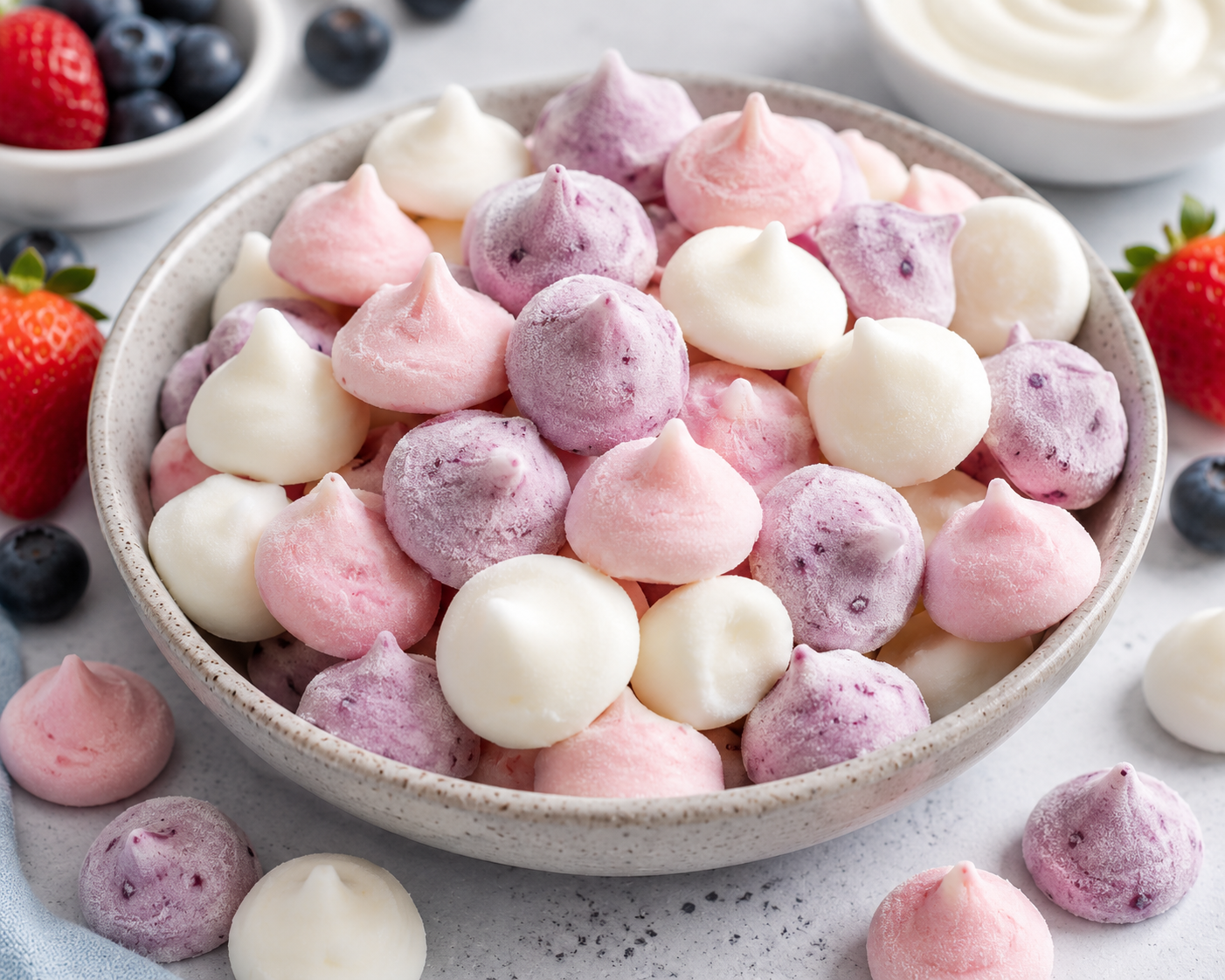 Frozen Greek yogurt drops in strawberry, blueberry, and vanilla flavors